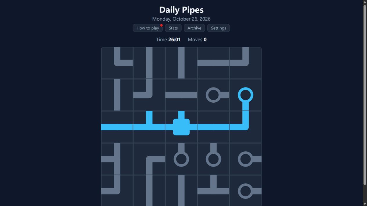 Official Daily Pipes 5 by 5 board with the central power source highlighted in blue.