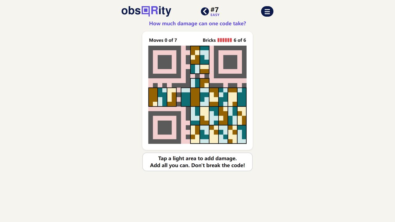 Official obsQRity board with a colourful QR-code image, Moves 0 of 7 and Bricks 6 of 6.