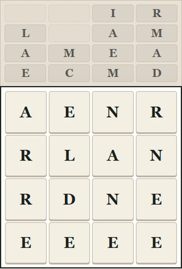 Official Wordchute board after PAT clears, with new letters at the top of the first two active columns.