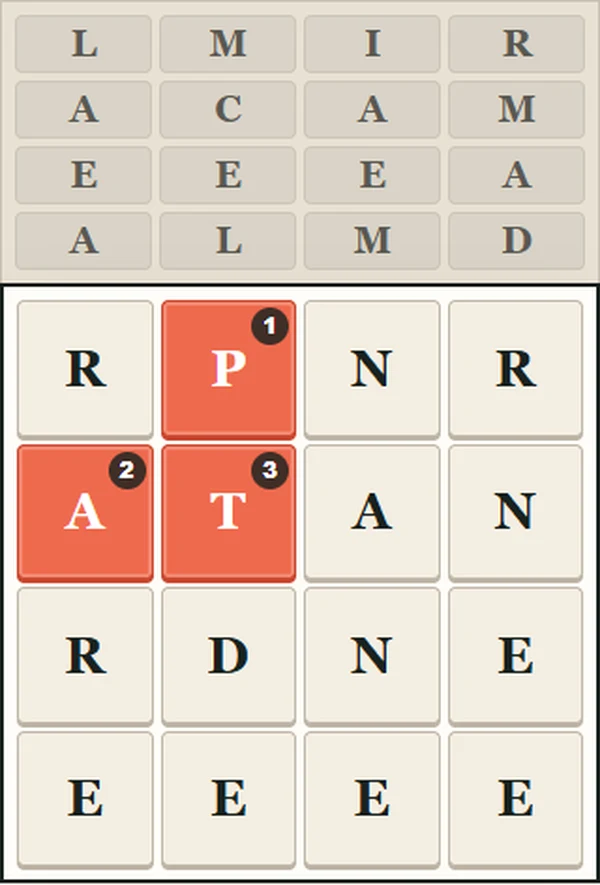 Official Wordchute board with P in row one, column two, A in row two, column one and T in row two, column two selected.