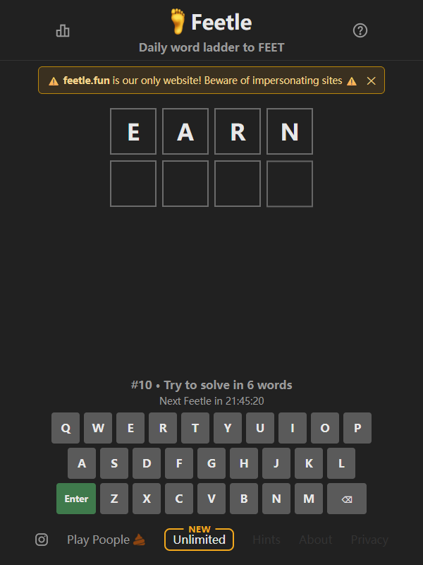 Official Feetle game showing its four-letter board, keyboard and daily countdown