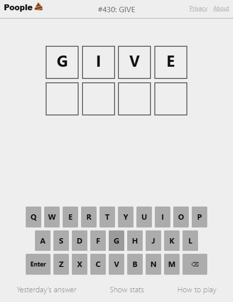 Official Poople game showing a four-letter starting row and its on-screen keyboard