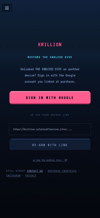 Official Restore the Endless Dive screen with Google sign-in and unlock-link options