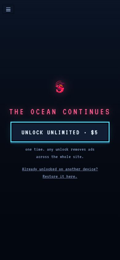 Official Krillion Unlimited page showing its $5 one-time unlock and restore link